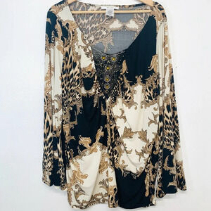 Masseys Top Woman 2X Beaded  Animal Print Stretch‎ Tunic Boho Office Travel Work